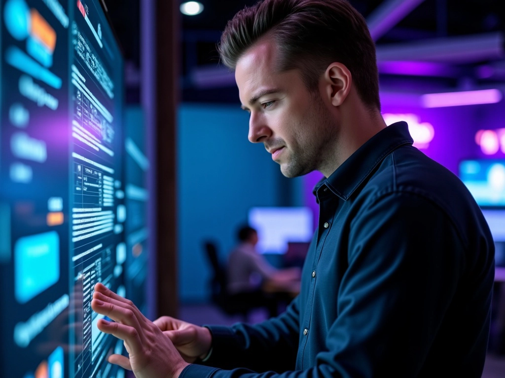 a cinematic office scene featuring a web developer presenting futuristic web design concepts on a glowing glass screen